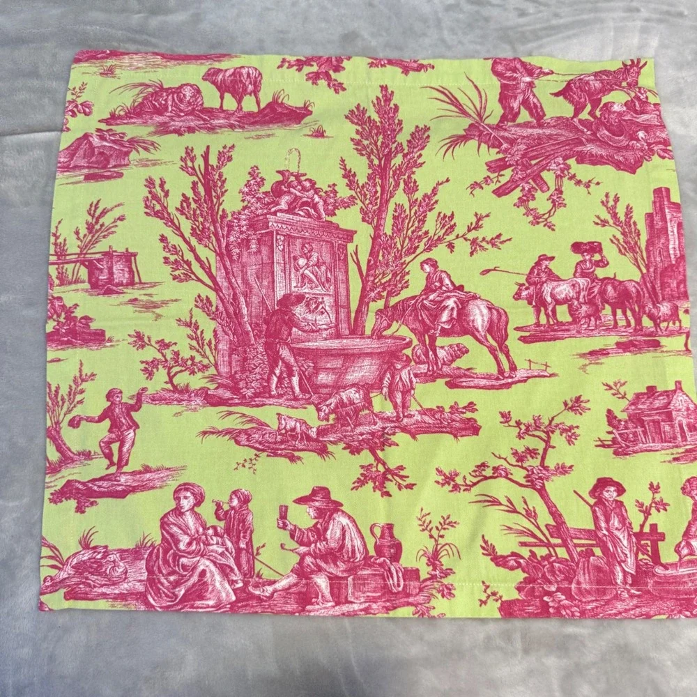 Williams Sonoma Toile Placemats & Napkins Set 8 Pc Green Pink Cotton Table Linen